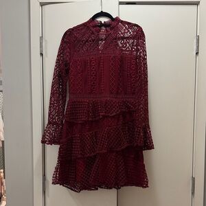 Chic Long Sleeve Lace Dress in Deep Red
